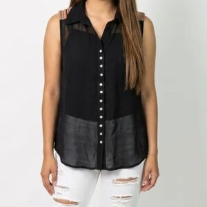 Fun & Flirt Sheer Black Sleeveless Blouse Medium Open Back Tribal Print